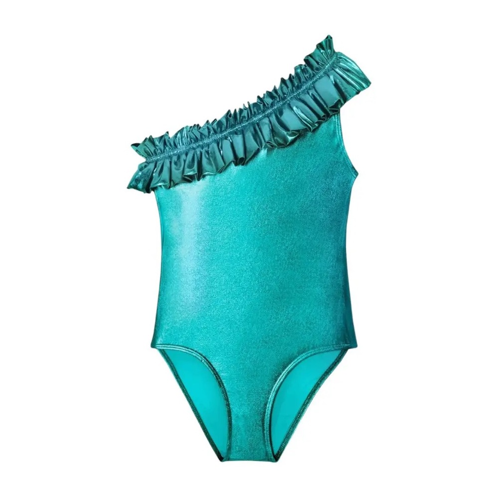 Kids Shimmer One-Shoulder One-Piece Swimsuit in Teal